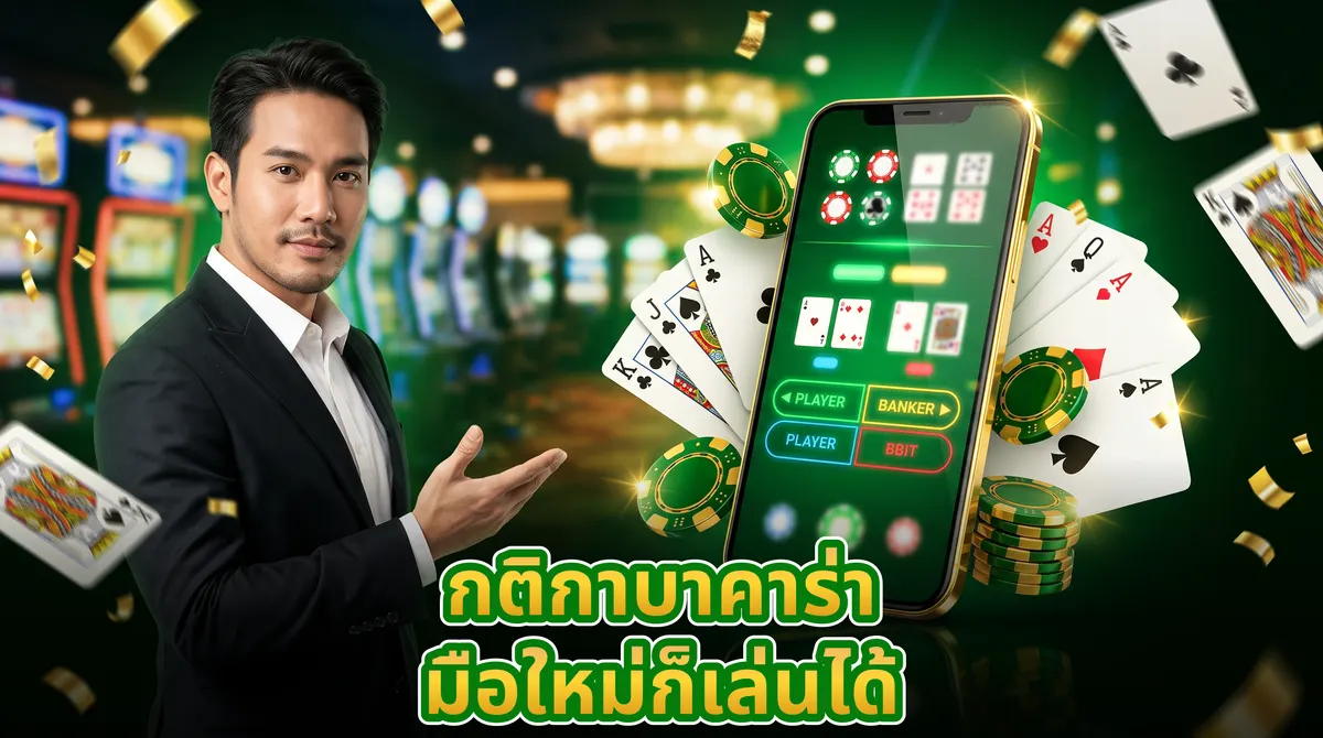 มือใหม่กำลังศึกษาหน้าจอบาคาร่าบนมือถือพร้อมชิปและไพ่บนโต๊ะทำงานเพื่อเรียนรู้กติกา