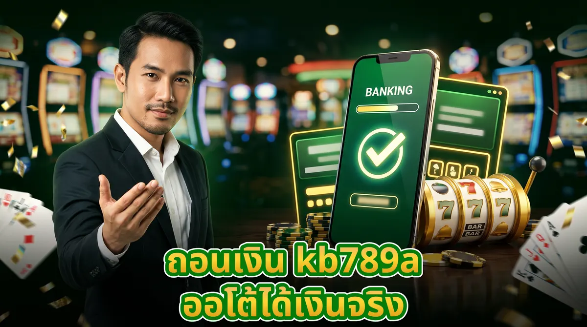 สมาร์ทโฟนแสดงหน้าจอยืนยันการโอนเงินสำเร็จ วางอยู่บนโต๊ะไม้คู่กับชิปและถ้วยวงล้อสล็อตสีทอง