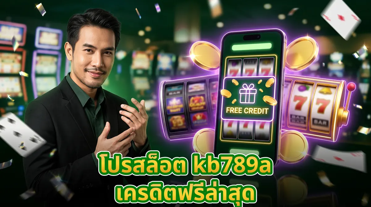 สมาร์ทโฟนแสดงหน้าจอเกมสล็อตพร้อมแบนเนอร์เครดิตฟรีและเหรียญทองลอยรอบข้าง