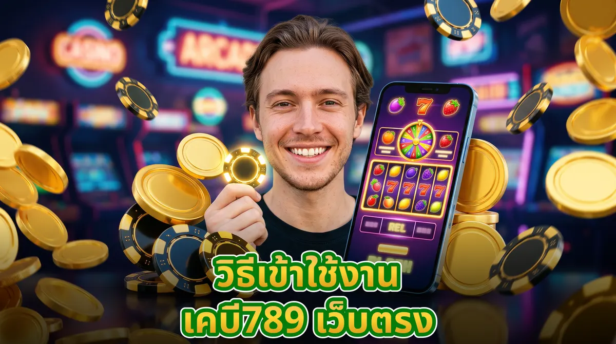 คนกำลังเล่นเกมออนไลน์บนมือถือที่มีเหรียญทองและชิปคาสิโนวางข้างกันบนโต๊ะไม้ สื่อถึงการเข้าใช้งานเว็บตรง