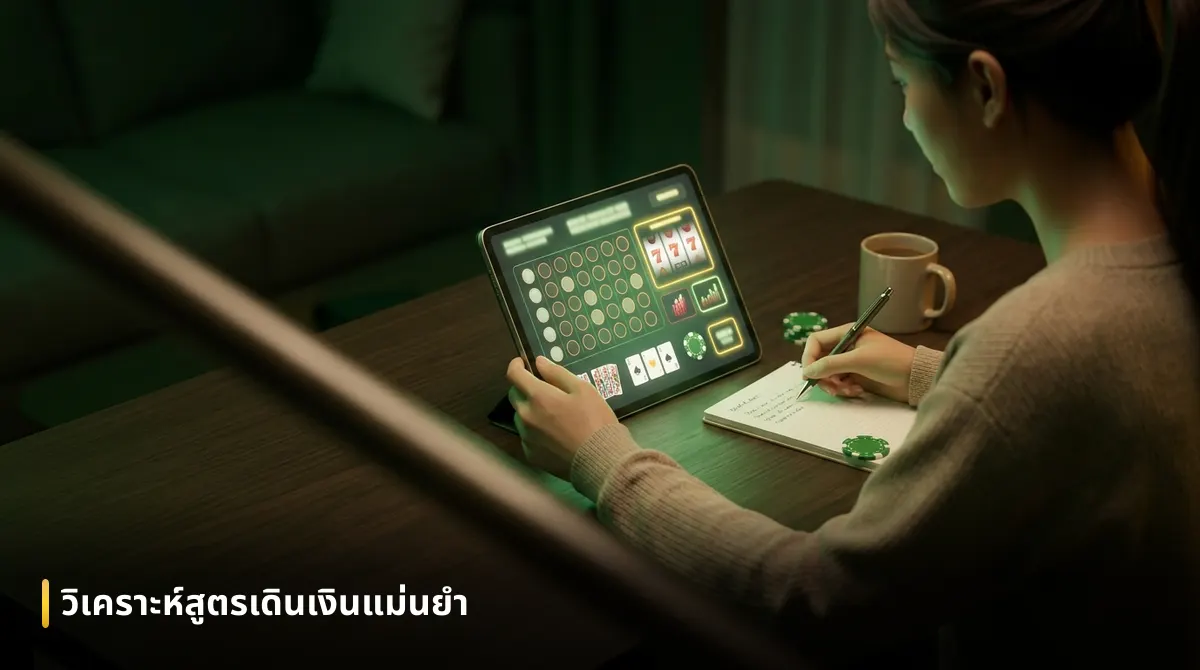 ผู้เล่นวิเคราะห์สถิติและสูตรบาคาร่าบนแท็บเล็ตพร้อมจดบันทึกแผนการเดิมพันเพื่อเพิ่มโอกาสชนะ