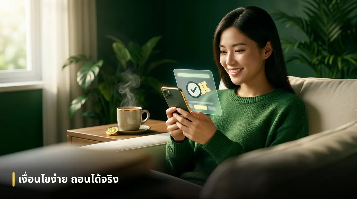 ผู้เล่นยิ้มอย่างสบายใจขณะดูเงื่อนไขโปรโมชั่นเครดิตฟรีที่เข้าใจง่ายและโปร่งใสบนมือถือ