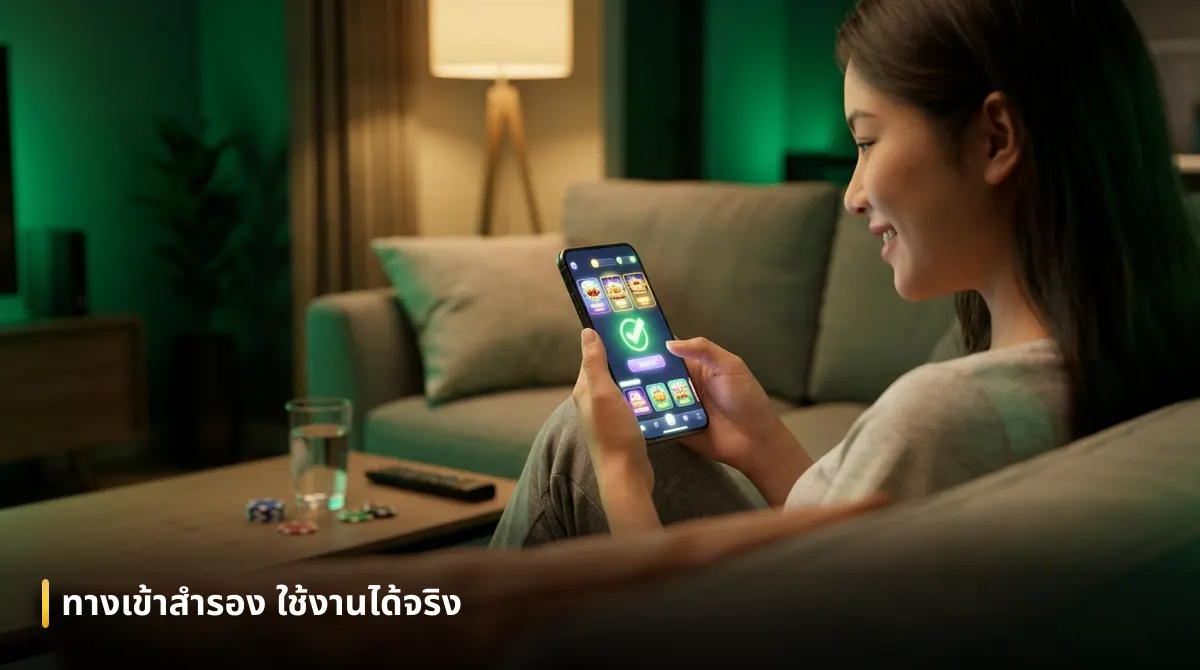 ผู้ใช้งานนั่งยิ้มอย่างสบายใจบนโซฟาขณะกดเข้าหน้าเว็บเกมที่โหลดสำเร็จผ่านทางเข้าสำรอง