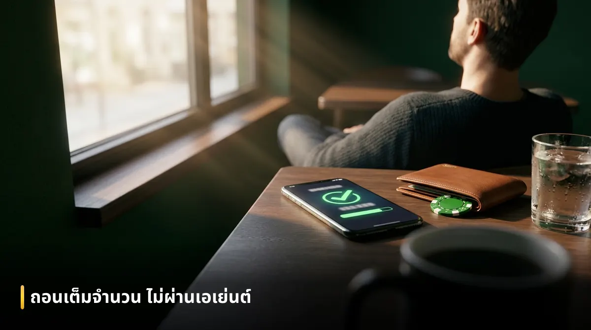 ผู้เล่นมีความสุขขณะตรวจยอดเงินถอนเต็มจำนวนบนหน้าจอมือถือจากเว็บตรงไม่ผ่านเอเย่นต์